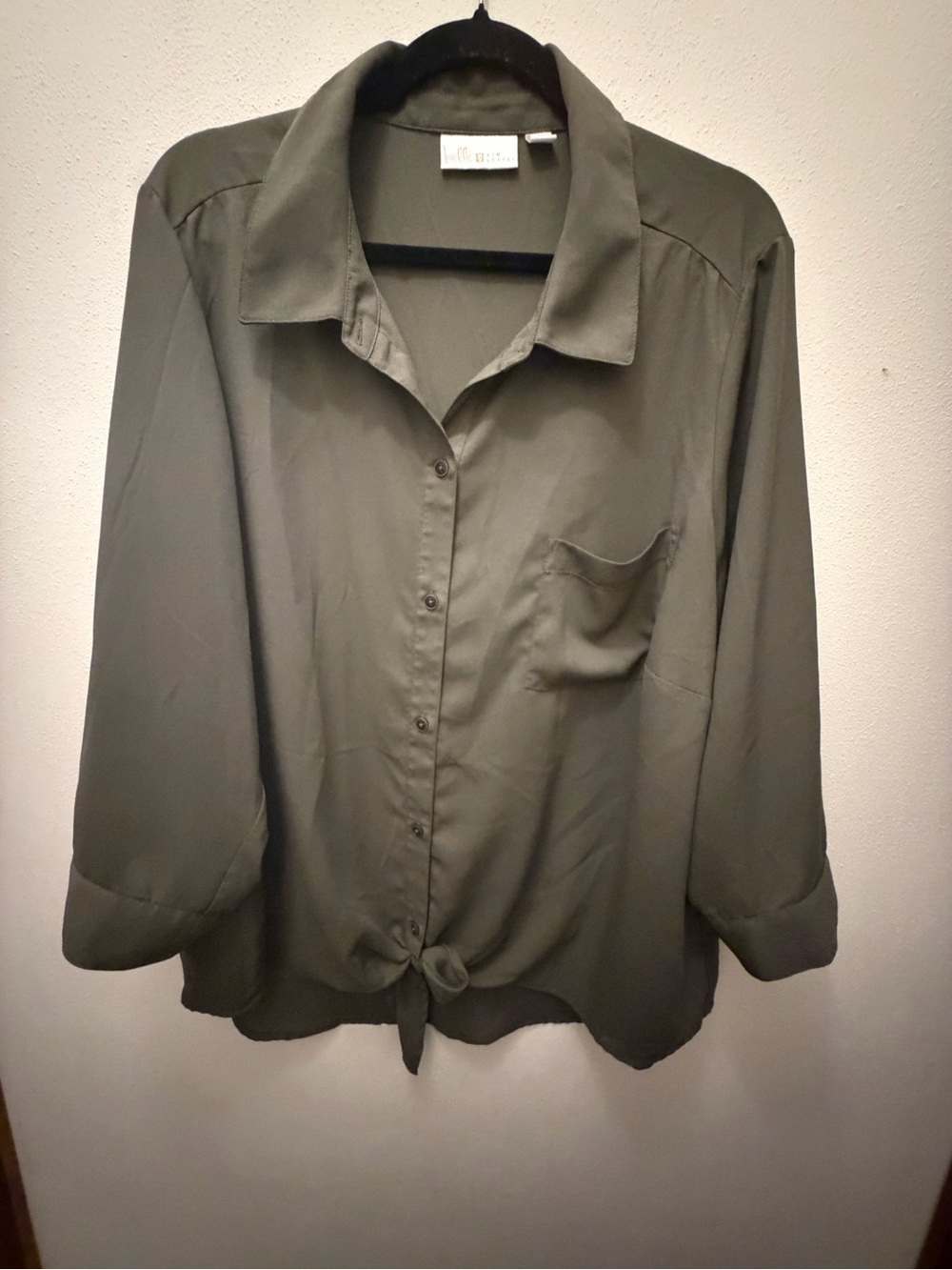 Belle by Kim Gravel Olive Button-Down Tie-Hem Blouse